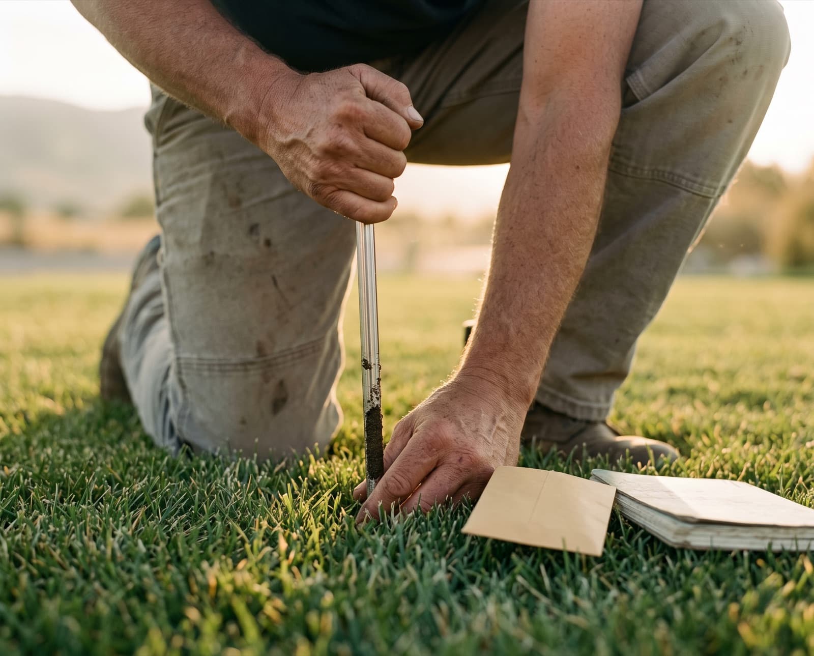 Kneeling on a residential lawn at golden hour, pressing a slender stainless soil probe into the turf — a narrow soil core at its tip, a kraft sample envelope and field notebook resting in the grass.