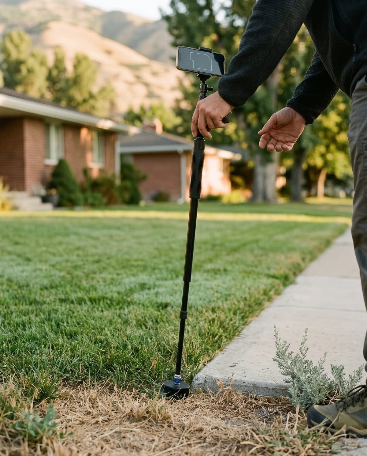 A hand holds a digital measuring tool on a pole at the edge of a front lawn. The phone on top of the pole shows the outline of the yard.