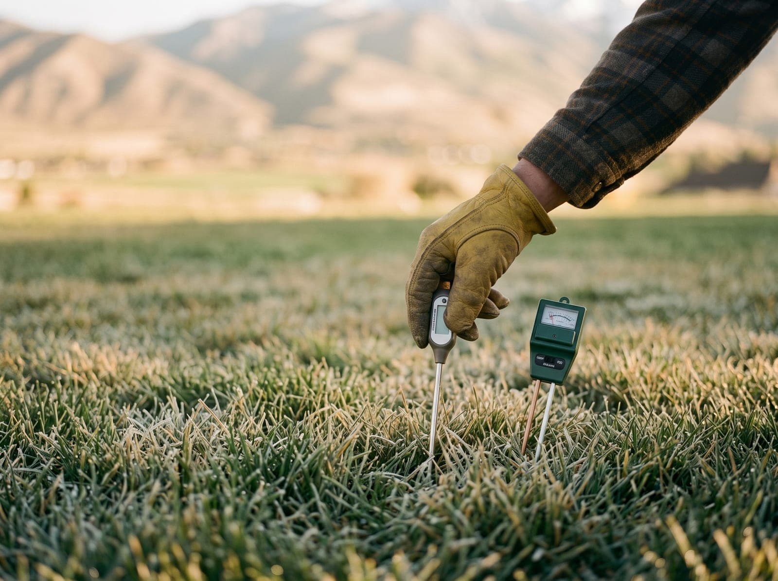 Field calibration · soil-temp gun + moisture probe in early-spring turf