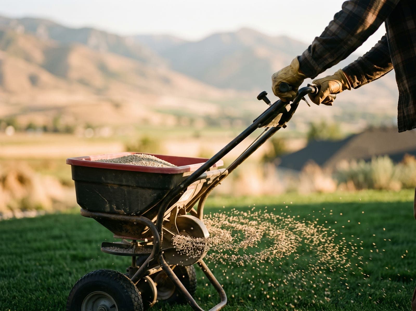 Calibrated broadcast spreader laying granular fertilizer on a green lawn