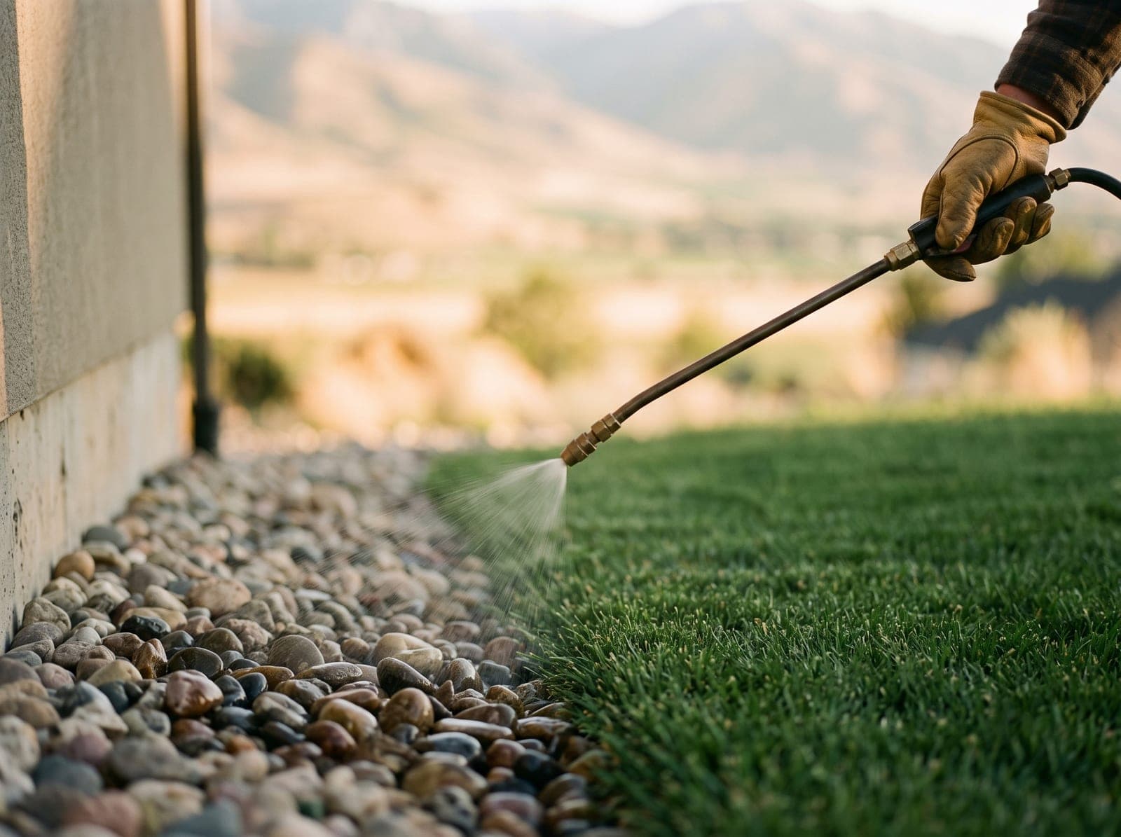 Perimeter barrier spray along a home foundation where lawn meets river rock