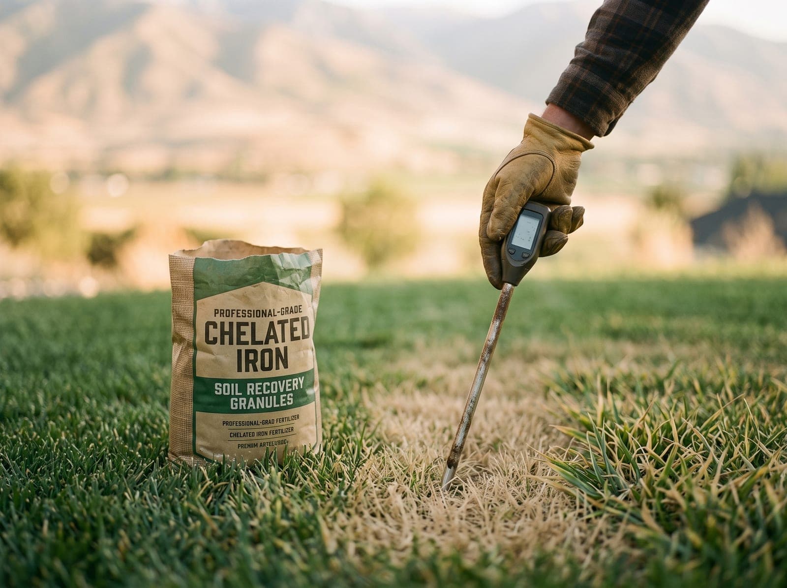 Moisture probe + summer iron feed on a mid-summer lawn