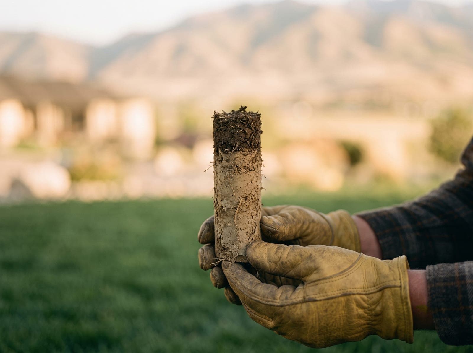 Core aerator working a lawn; a single fresh soil core held in hand