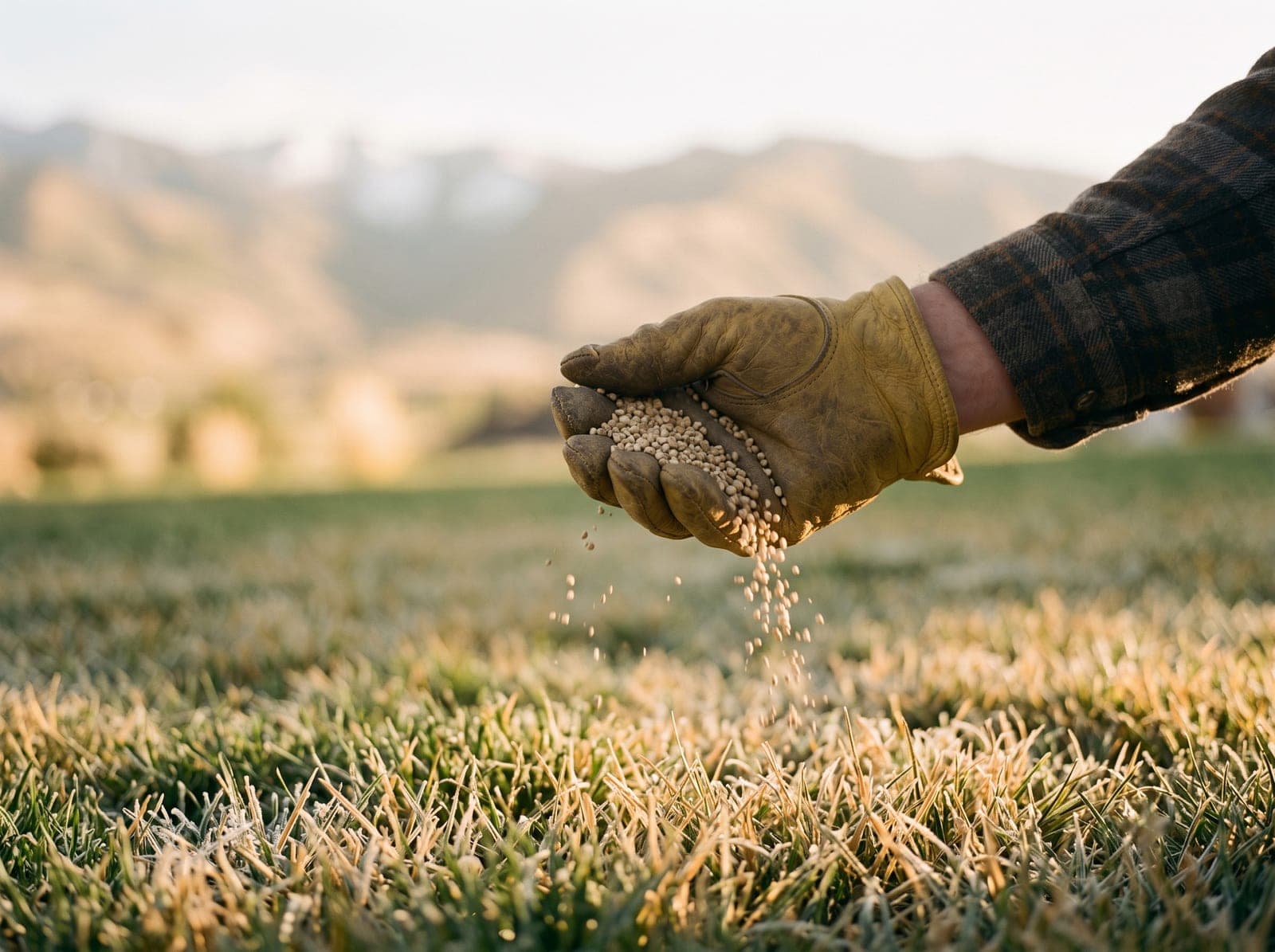 Late-fall winterizer application before frost, low golden light