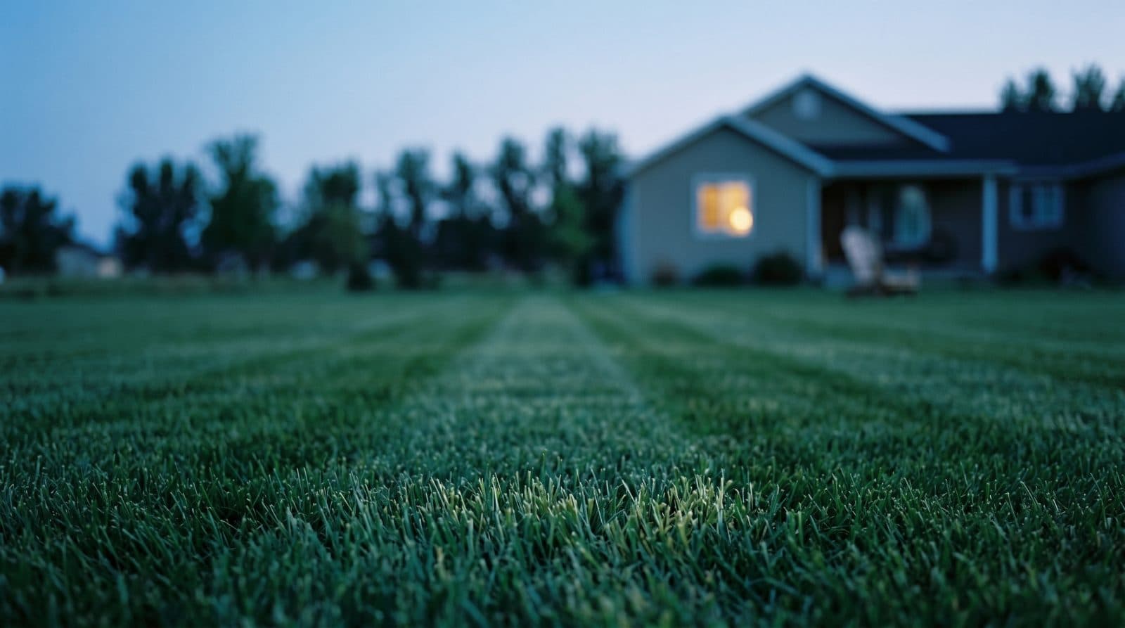 A wide low-angle dusk photograph across an immaculately mowed lawn — sharp grass in the foreground, a modest residential home in soft focus behind with a single warm window glowing, cool blue evening sky overhead.